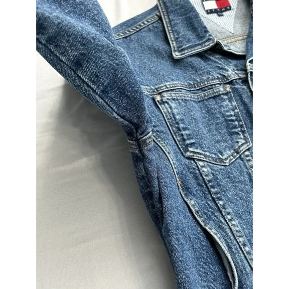 RARE VTG Y2K Tommy Hilfiger Mens Trucker Denim Jacket Button Logo Point Collar M - Picture 8 of 8